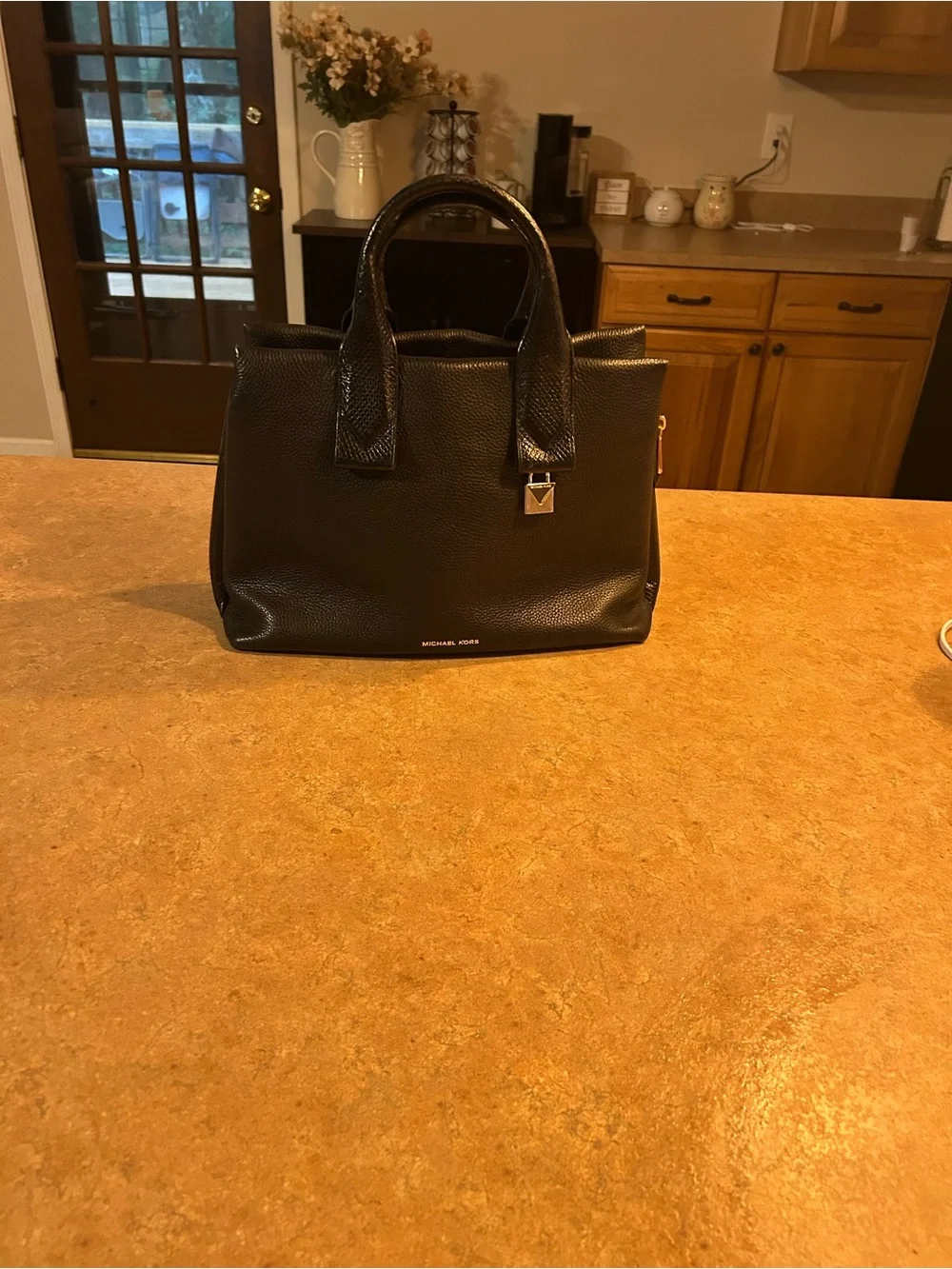 Michael Kors Black Pebbled Leather Satchel with Gold Hardware